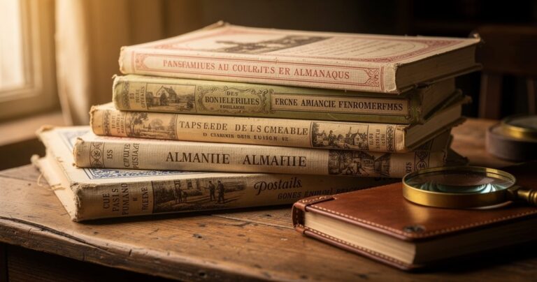 Almanachs anciens et calendriers postaux du début du XXe siècle sur un bureau en bois