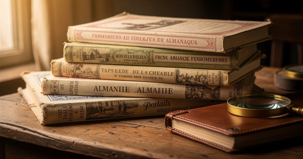 Almanachs anciens et calendriers postaux du début du XXe siècle sur un bureau en bois