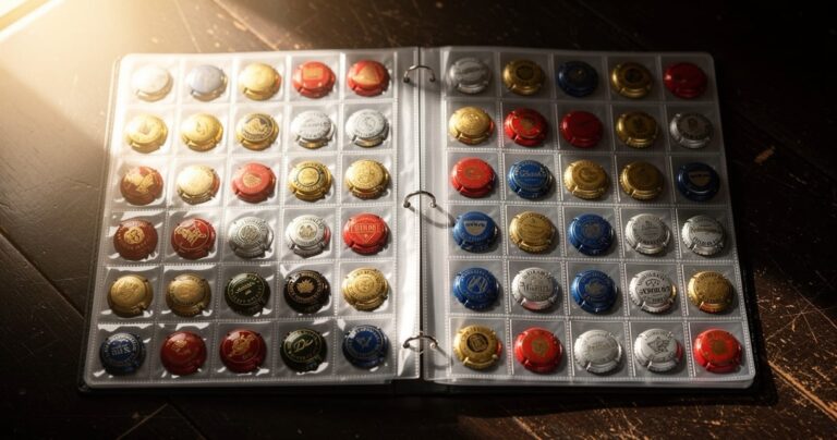 Collection de capsules de champagne rangées dans un classeur transparent