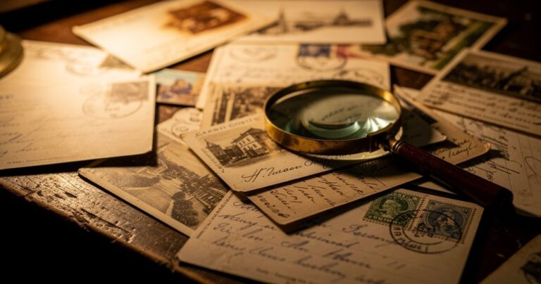 Collection de cartes postales anciennes rares posées sur un bureau en bois