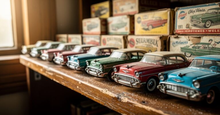 Collection de voitures miniatures anciennes en métal avec leurs boîtes d'origine sur une étagère en bois