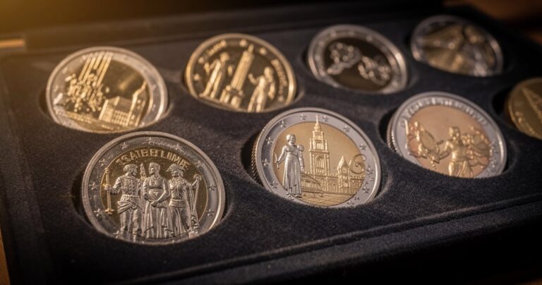 Collection de pièces euros rares disposées sur un présentoir de velours sombre