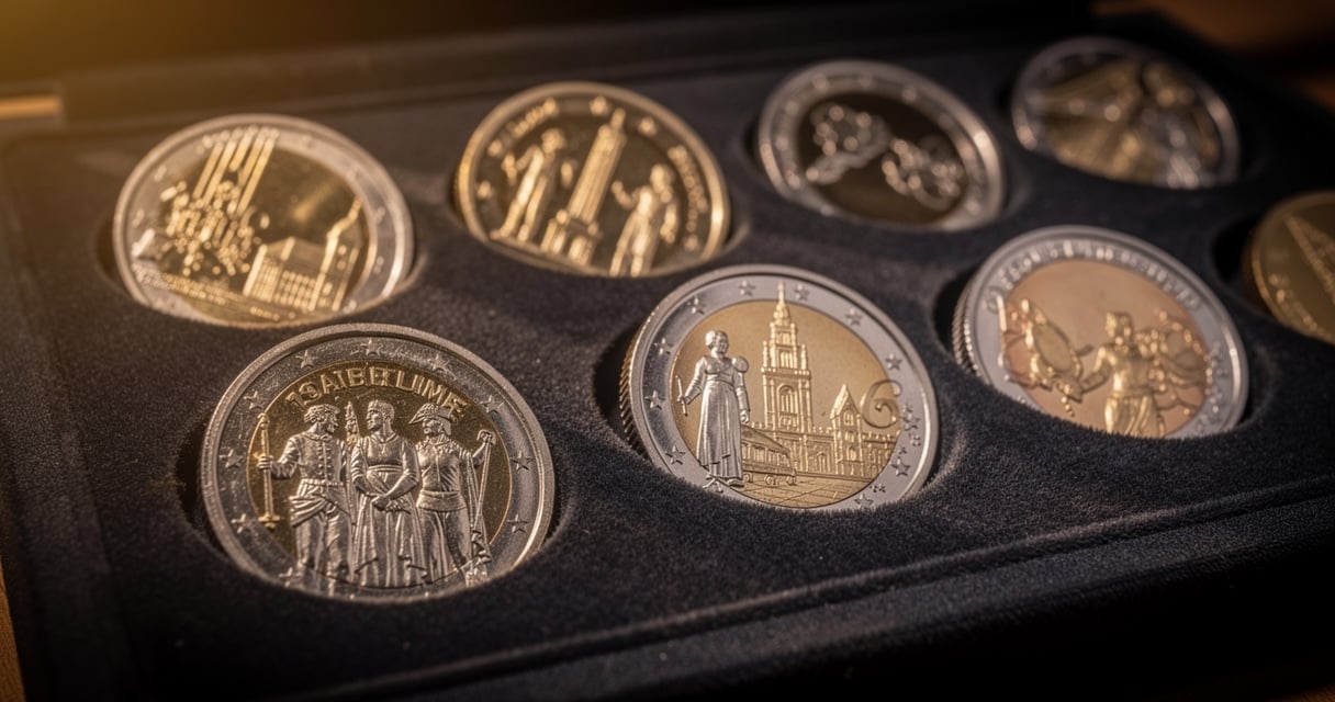 Collection de pièces euros rares disposées sur un présentoir de velours sombre