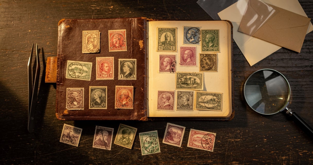Matériel de collection de timbres posé sur un bureau en bois : pince philatélique, loupe et album ouvert