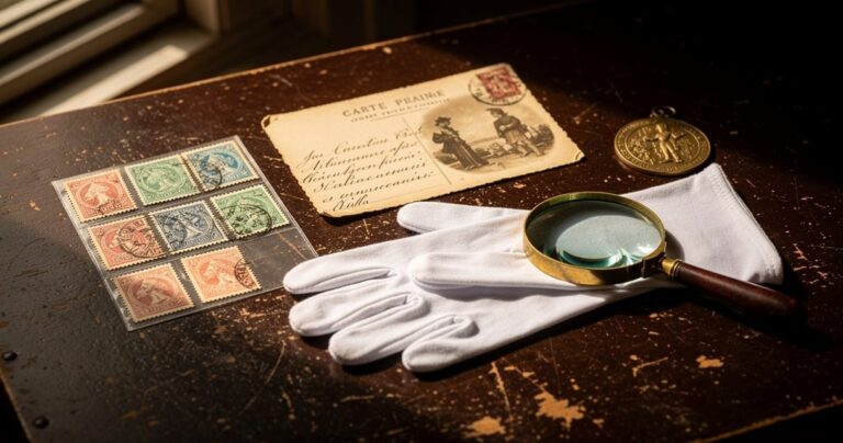 Objets de collection anciens posés sur un bureau en bois avec gants en coton et loupe