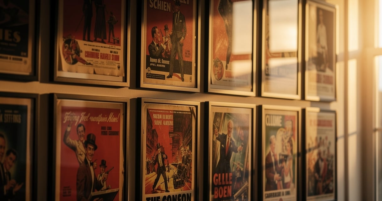 Collection d'affiches de cinéma vintage encadrées sur un mur