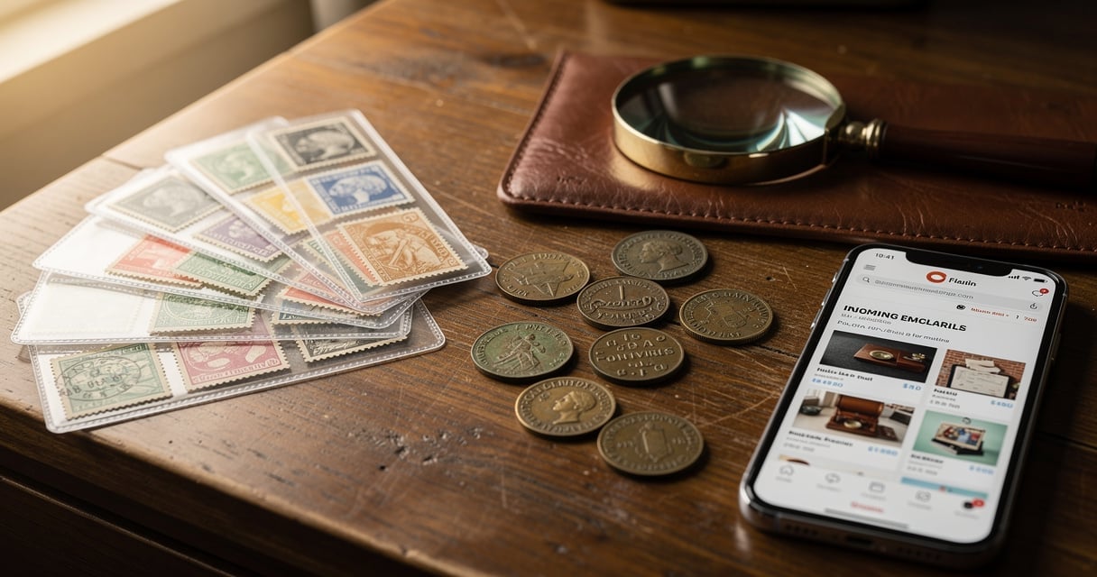 Bureau de collectionneur avec timbres anciens, pièces de monnaie et smartphone affichant une plateforme de vente