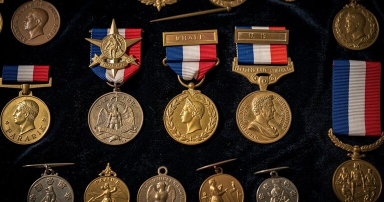 Collection d'insignes et médailles militaires françaises disposés sur un tissu de velours sombre