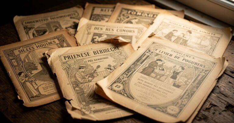 Collection de partitions musicales anciennes aux couvertures illustrées sur une table en bois