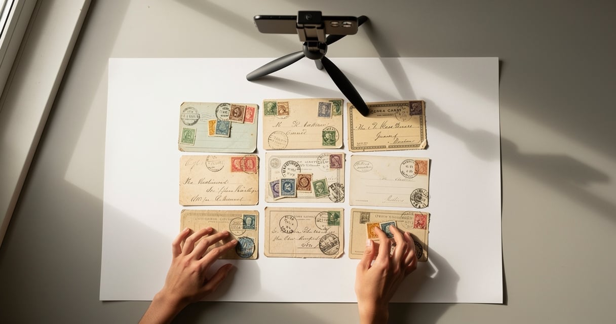 Setup pour photographier des objets de collection avant la vente en ligne, smartphone sur trépied au-dessus de cartes postales et timbres anciens