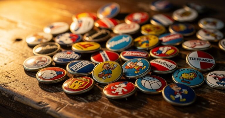 Collection de pin's vintage français étalée sur une table en bois, ambiance brocante