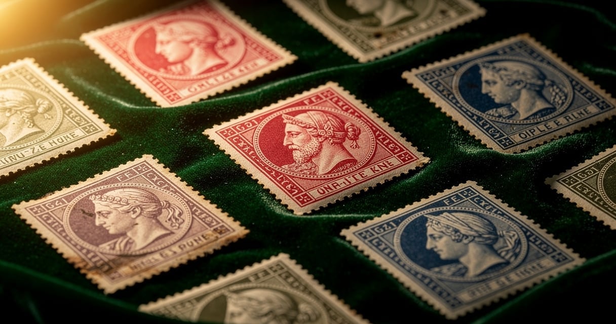Timbres rares français du XIXe siècle exposés sur fond de velours vert