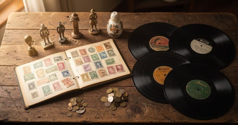 Table en bois couverte d'objets de collection vintage : timbres, monnaies anciennes, figurines et vinyles
