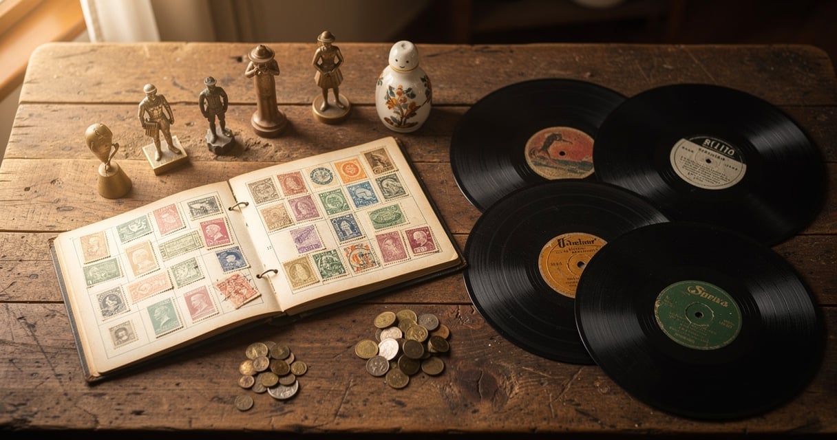 Table en bois couverte d'objets de collection vintage : timbres, monnaies anciennes, figurines et vinyles